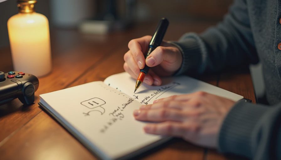 Hands sketching two paths in a notebook—fragmented and clear—representing game cohesion.