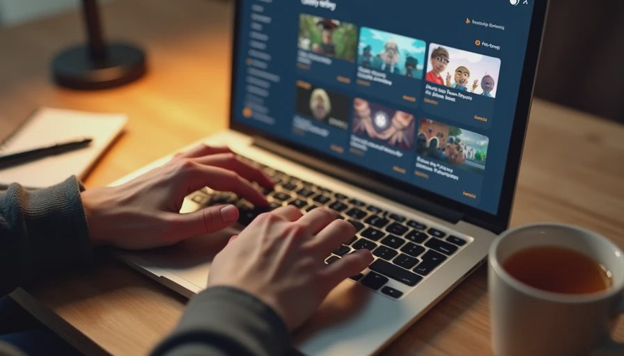 Hands scrolling through a Steam discovery queue on a laptop, looking for hidden indie games.