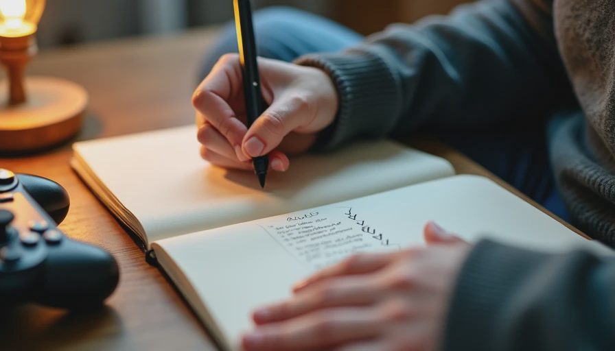 Hands writing a list of recommendation rules in a notebook.

