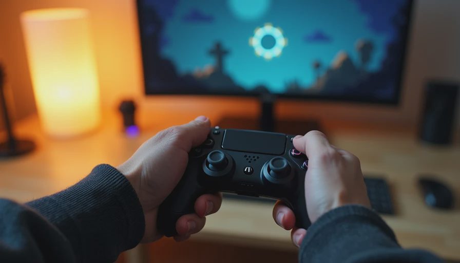 Hands holding a controller while playing a pixel art puzzle demo at night.

