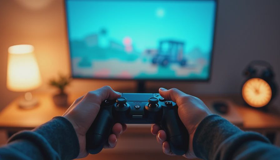 Hands holding a controller while playing a rough but interesting indie game at night.