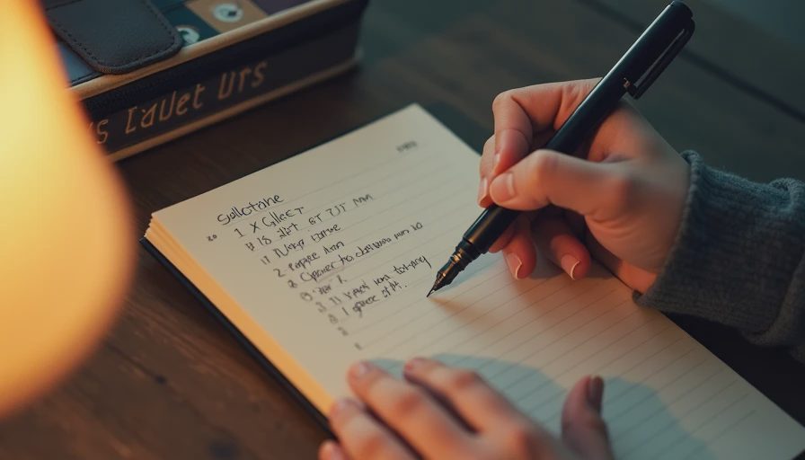 Hands writing in a notebook with a fountain pen and a game case beside it.