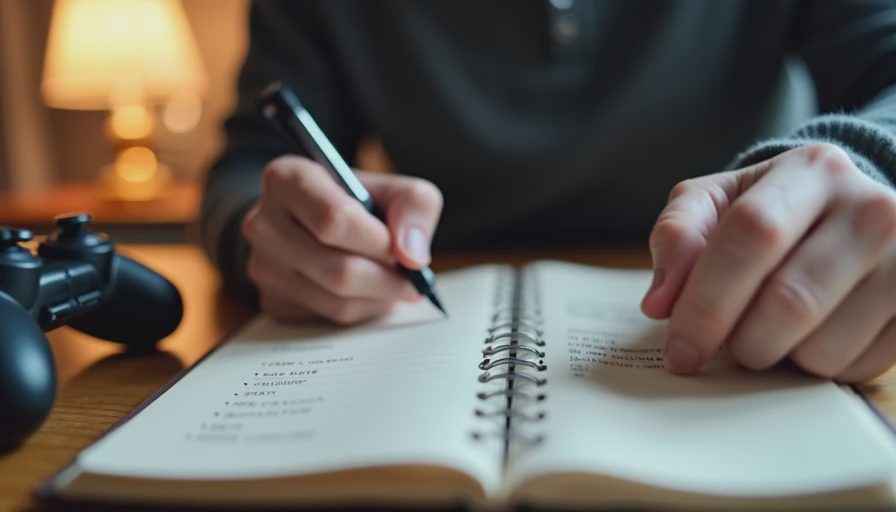 Hands writing a list of game titles and notes in a notebook.