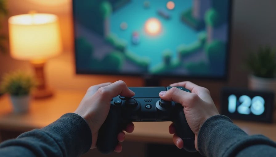 Hands holding a controller while playing a small narrative RPG at night.