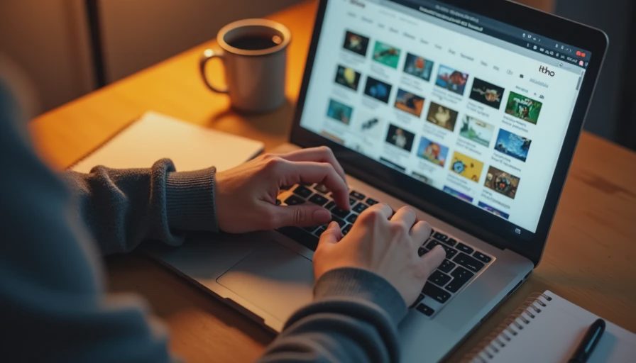 Hands scrolling through an itch.io page on a laptop, looking for hidden gems.