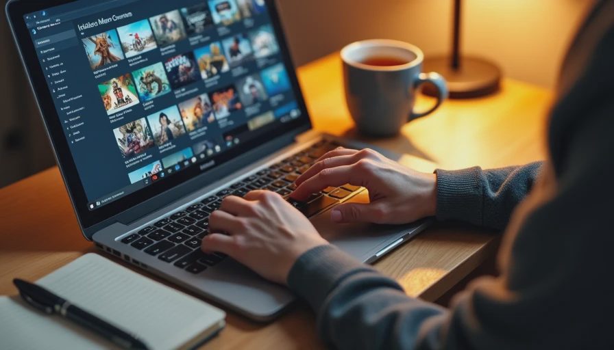 Hands scrolling through a Steam discovery queue on a laptop, looking for hidden indie games.