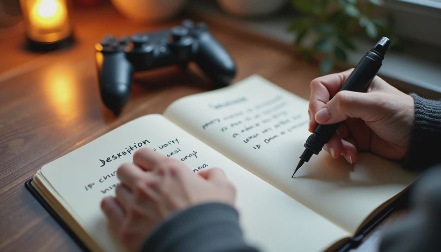 Hands writing a comparison of game descriptions in a notebook.