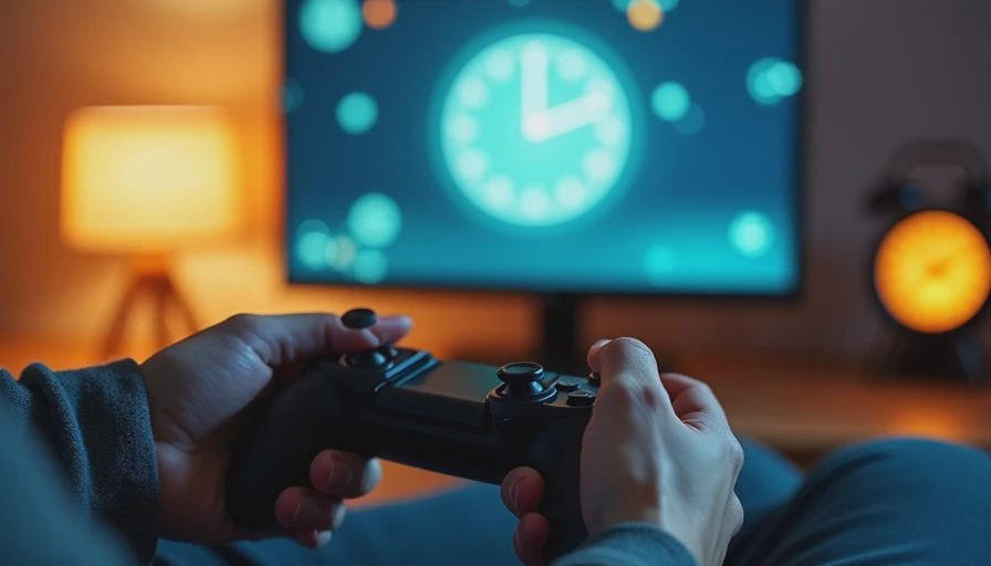 Hands holding a controller while playing a first-person puzzle game at night.
