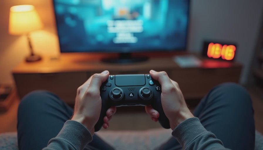 Hands holding a controller while watching credits roll on a narrative game.
