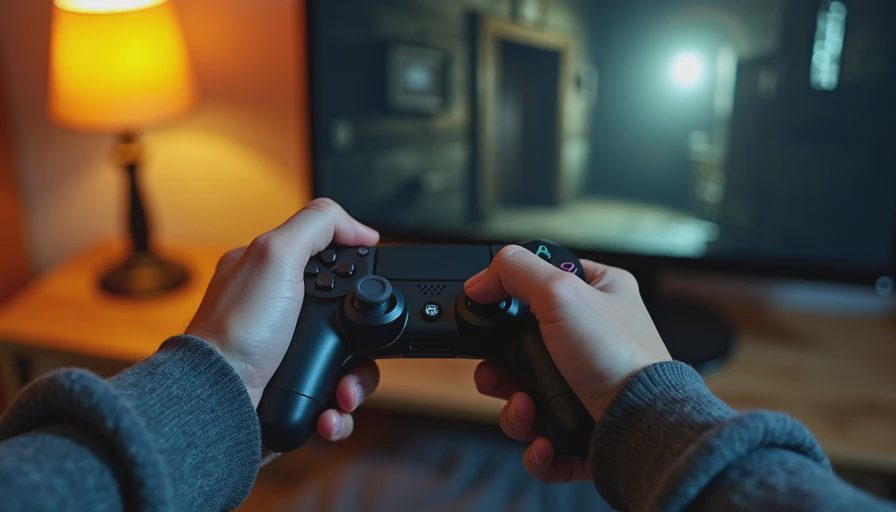 Hands holding a controller while playing an atmospheric horror game at night.