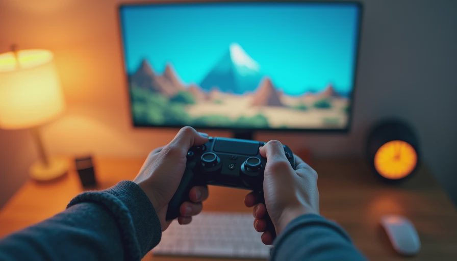 Hands holding a controller while playing a short indie game at night.