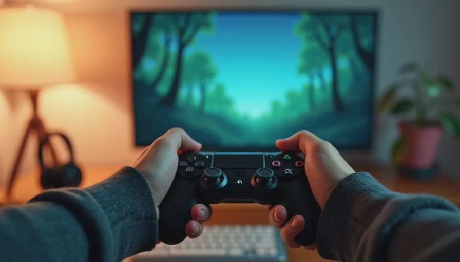 Hands holding a controller while playing a quiet indie game with headphones nearby.