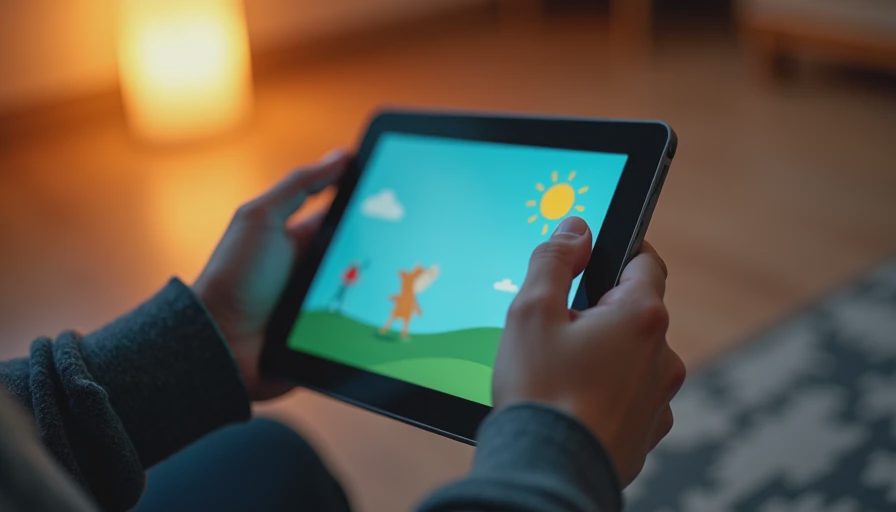 Hands holding a tablet with a children's game on screen.