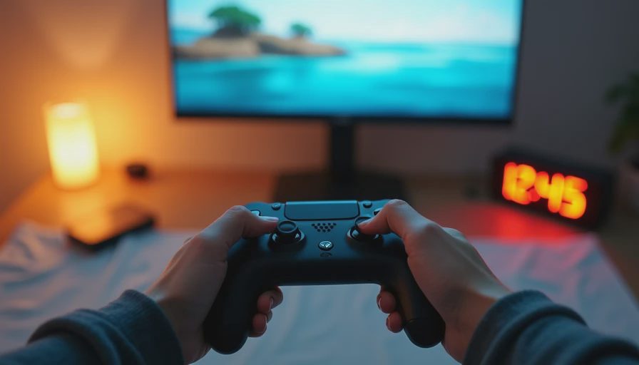 Hands holding a controller while playing a quiet watercolor-style island game at night.